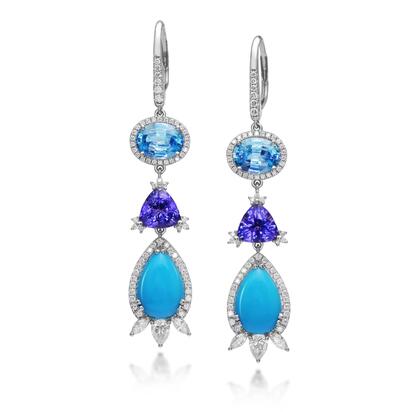 18K White Gold Arizona Turquoise,Tanzanite,Blue Zircon,Diamond Earrings 'I,H,H 18K White Gold Arizona Turquoise,Tanzanite,Blue Zircon,Diamond Earrings 'I,H,H