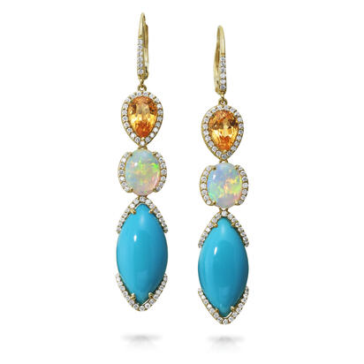 14K Yellow Gold Arizona Turquoise/Australian Opal/Mandarine Garnet/Diamond Earrings 14K Yellow Gold Arizona Turquoise/Australian Opal/Mandarine Garnet/Diamond Earrings