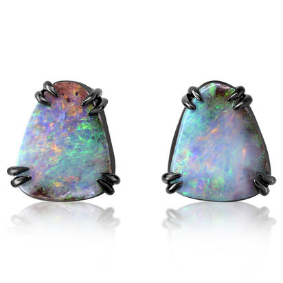Blackened Sterling Silver Australian Boulder Opal Bezel Earrings Blackened Sterling Silver Australian Boulder Opal Bezel Earrings