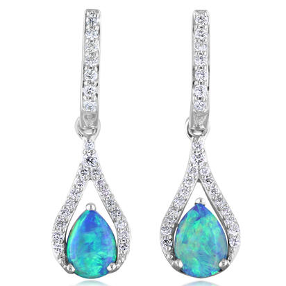 14K White Gold Australian Opal Doublet/Diamond Earrings 14K White Gold Australian Opal Doublet/Diamond Earrings
