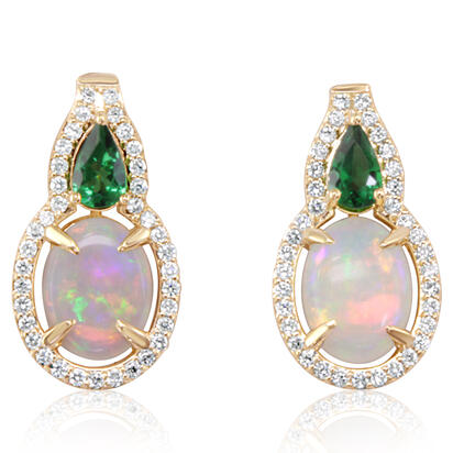 14K Yellow Gold Australian Opal/Tsavorite/Diamond Earrings 14K Yellow Gold Australian Opal/Tsavorite/Diamond Earrings