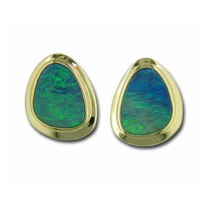 14K Yellow Gold Australian Opal Doublet Wide Bezel Earrings 14K Yellow Gold Australian Opal Doublet Wide Bezel Earrings