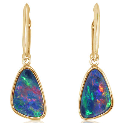 14K Yellow Gold Australian Opal Doublet Plain Bezel Leverback Earrings 14K Yellow Gold Australian Opal Doublet Plain Bezel Leverback Earrings