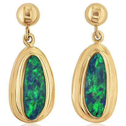 14K Yellow Gold Australian Opal Doublet Wide Bezel Dangle Earrings 14K Yellow Gold Australian Opal Doublet Wide Bezel Dangle Earrings