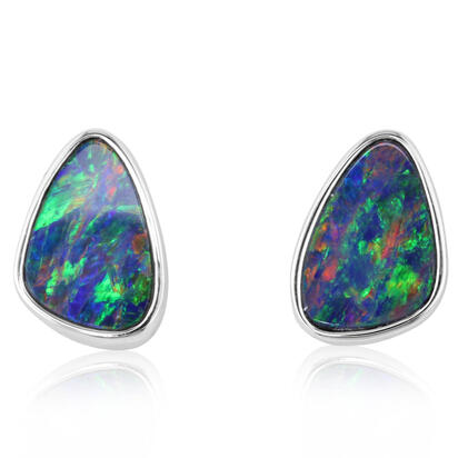 14K White Gold Australian Opal Doublet Plain Bezel Earrings 14K White Gold Australian Opal Doublet Plain Bezel Earrings
