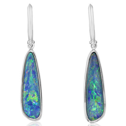 14K White Gold Australian Opal Doublet Plain Bezel Leverback Earrings 14K White Gold Australian Opal Doublet Plain Bezel Leverback Earrings