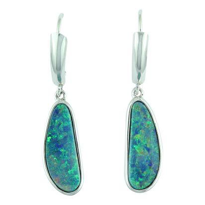 14K White Gold Australian Opal Doublet Leverback Earrings 14K White Gold Australian Opal Doublet Leverback Earrings