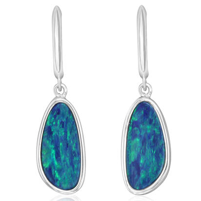 14K White Gold Australian Opal Doublet Leverback Earrings 14K White Gold Australian Opal Doublet Leverback Earrings