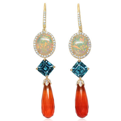 14K Yellow Gold Fire Opal/Blue Zircon/Diamond Earrings 14K Yellow Gold Fire Opal/Blue Zircon/Diamond Earrings