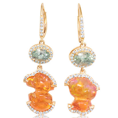 14K Yellow Gold Mexican Fire Opal/Mint Garnet/Diamond Earrings 14K Yellow Gold Mexican Fire Opal/Mint Garnet/Diamond Earrings