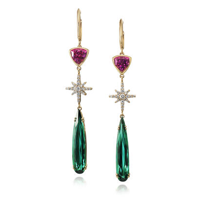 14K Yellow Gold Blue/Green Tourmaline/Purple Garnet/Diamond Earrings 14K Yellow Gold Blue/Green Tourmaline/Purple Garnet/Diamond Earrings