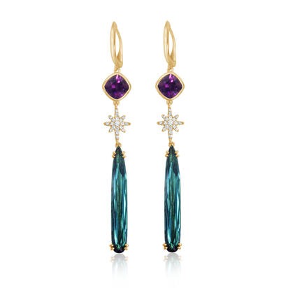 14K Yellow Gold Green Tourmaline/Purple Garnet/Diamond Earrings 14K Yellow Gold Green Tourmaline/Purple Garnet/Diamond Earrings