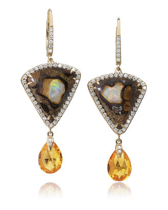 14K Yellow Gold Australian Boulder Opal/Mandarin Garnet/Diamond Earrings 14K Yellow Gold Australian Boulder Opal/Mandarin Garnet/Diamond Earrings