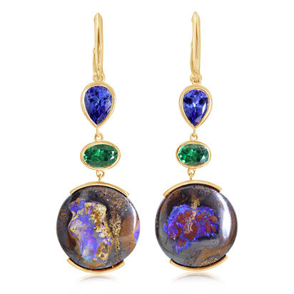 14K Yellow Gold Australian Boulder Opal/Tanzanite/Tsavorite Earrings 14K Yellow Gold Australian Boulder Opal/Tanzanite/Tsavorite Earrings