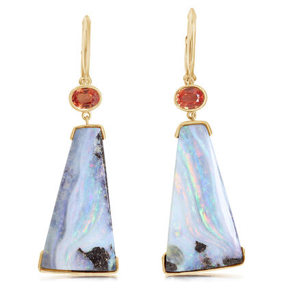 14K Yellow Gold Australian Boulder Opal/Orange Sapphire Earrings 14K Yellow Gold Australian Boulder Opal/Orange Sapphire Earrings