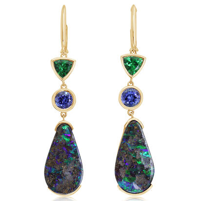 14K Yellow Gold Australian Boulder Opal/Tsavorite/Tanzanite Earrings 14K Yellow Gold Australian Boulder Opal/Tsavorite/Tanzanite Earrings
