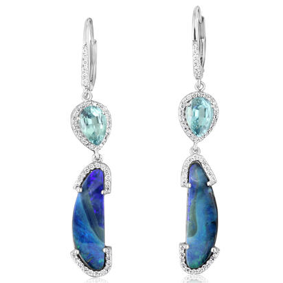 14K White Gold Australian Boulder Opal/Indicolite Tourmaline/Diamond Earrings ,H 14K White Gold Australian Boulder Opal/Indicolite Tourmaline/Diamond Earrings ,H