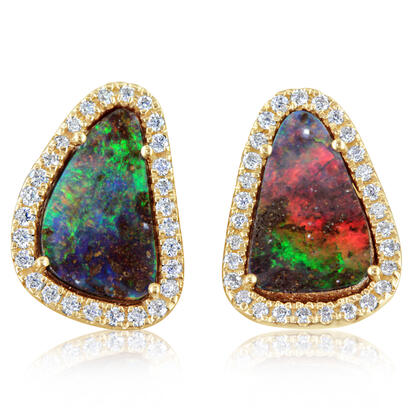14K Yellow Gold Australian Boulder Opal/Diamond Earrings 14K Yellow Gold Australian Boulder Opal/Diamond Earrings