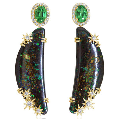 14K Yellow Gold Australian Boulder Opal/Tsavorite/Diamond Earrings 14K Yellow Gold Australian Boulder Opal/Tsavorite/Diamond Earrings