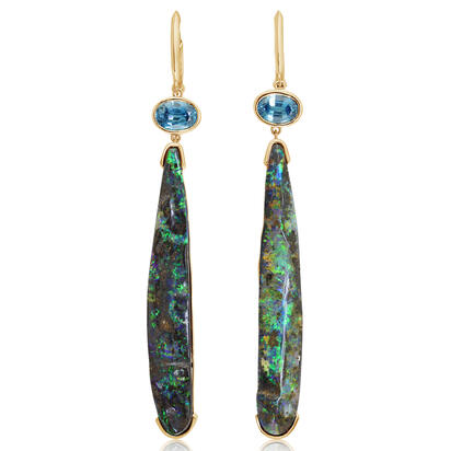 14K Yellow Gold Australian Boulder Opal/Blue Zircon Earrings 14K Yellow Gold Australian Boulder Opal/Blue Zircon Earrings