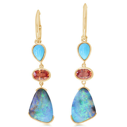 14K Yellow Gold Australian Boulder Opal/Orange Sapphire/Arizona Turquoise Earrings 14K Yellow Gold Australian Boulder Opal/Orange Sapphire/Arizona Turquoise Earrings