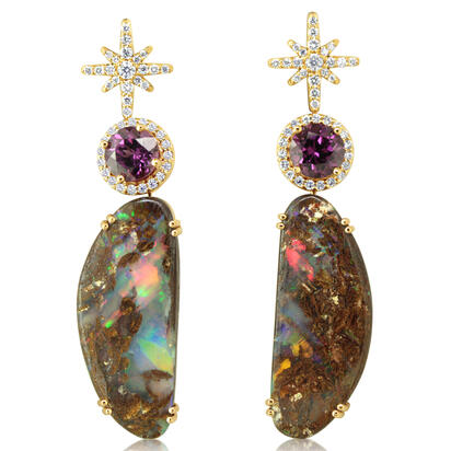 14K Yellow Gold Australian Boulder Opal/Purple Garnet/Diamond Earrings 14K Yellow Gold Australian Boulder Opal/Purple Garnet/Diamond Earrings