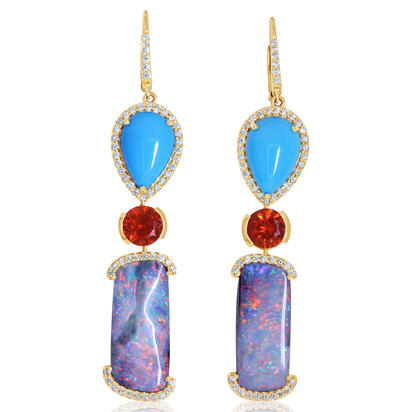 14K Yellow Gold Australian Boulder Opal/Arizona Turquoise/Fire Opal/Diamond Earrings 14K Yellow Gold Australian Boulder Opal/Arizona Turquoise/Fire Opal/Diamond Earrings