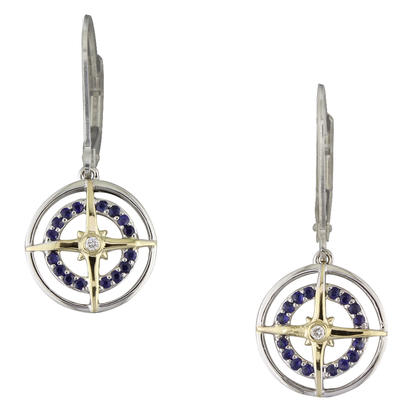 Sterling Silver /14K Yellow Gold Blue Sapphire/Diamond Compass Earrings Sterling Silver /14K Yellow Gold Blue Sapphire/Diamond Compass Earrings