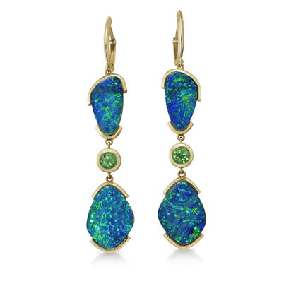 14K Yellow Gold Australian Opal Doublet/Tsavorite/Diamond Earrings 14K Yellow Gold Australian Opal Doublet/Tsavorite/Diamond Earrings