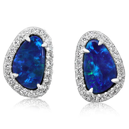14K White Gold Australian Opal Doublet/Diamond Earrings 14K White Gold Australian Opal Doublet/Diamond Earrings