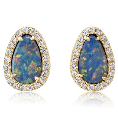 14K Yellow Gold Australian Opal Doublet/Diamond Earrings 14K Yellow Gold Australian Opal Doublet/Diamond Earrings