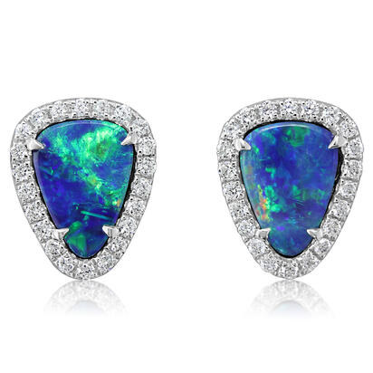 14K White Gold Australian Opal Doublet/Diamond Earrings 14K White Gold Australian Opal Doublet/Diamond Earrings