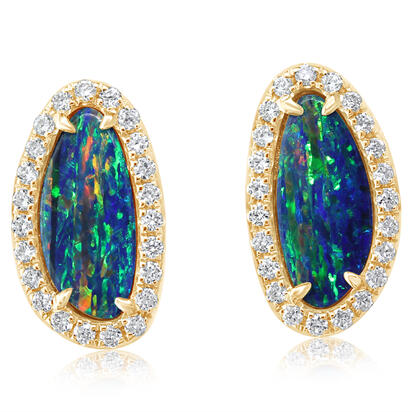 14K Yellow Gold Australian Opal Doublet/Diamond Earrings 14K Yellow Gold Australian Opal Doublet/Diamond Earrings