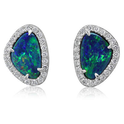 14K White Gold Australian Opal Doublet/Diamond Earrings 14K White Gold Australian Opal Doublet/Diamond Earrings