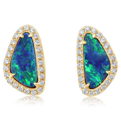 14K Yellow Gold Australian Opal Doublet/Diamond Earrings 14K Yellow Gold Australian Opal Doublet/Diamond Earrings