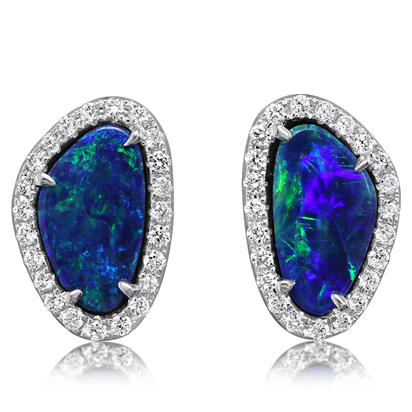 14K White Gold Australian Opal Doublet/Diamond Earrings 14K White Gold Australian Opal Doublet/Diamond Earrings