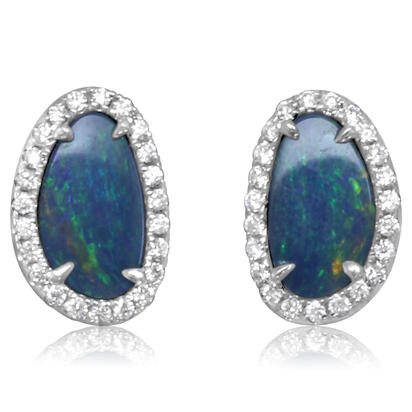 14K White Gold Australian Opal Doublet/Diamond Earrings 14K White Gold Australian Opal Doublet/Diamond Earrings