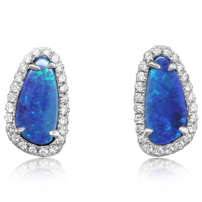 14K White Gold Australian Opal Doublet/Diamond Earrings 14K White Gold Australian Opal Doublet/Diamond Earrings