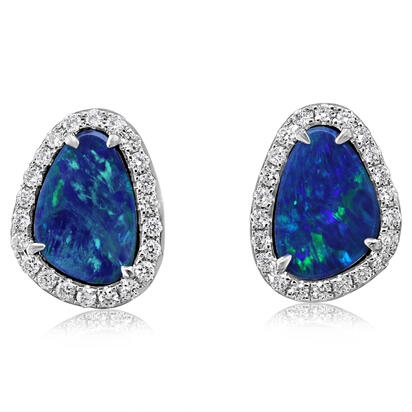 14K White Gold Australian Opal Doublet/Diamond Earrings 14K White Gold Australian Opal Doublet/Diamond Earrings