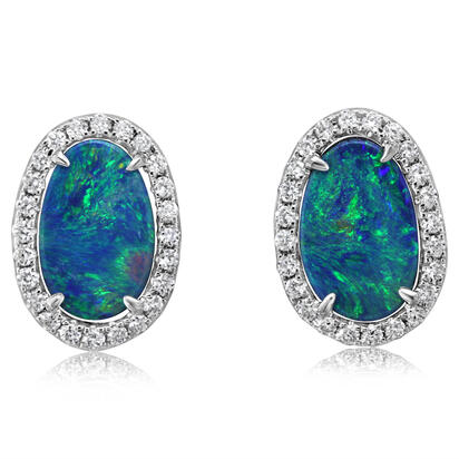14K White Gold Australian Opal Doublet/Diamond Earrings 14K White Gold Australian Opal Doublet/Diamond Earrings