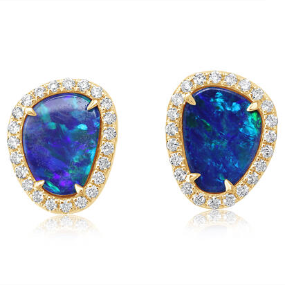14K Yellow Gold Australian Opal Doublet/Diamond Earrings 14K Yellow Gold Australian Opal Doublet/Diamond Earrings
