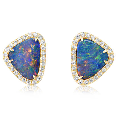 14K Yellow Gold Australian Opal Doublet/Diamond Earrings 14K Yellow Gold Australian Opal Doublet/Diamond Earrings