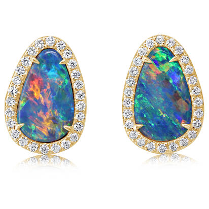 14K Yellow Gold Australian Opal Doublet/Diamond Earrings 14K Yellow Gold Australian Opal Doublet/Diamond Earrings