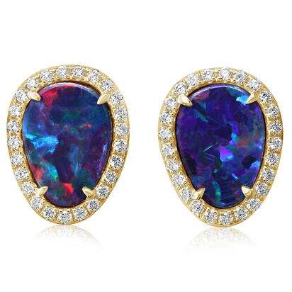 14K Yellow Gold Australian Opal Doublet/Diamond Earrings 14K Yellow Gold Australian Opal Doublet/Diamond Earrings