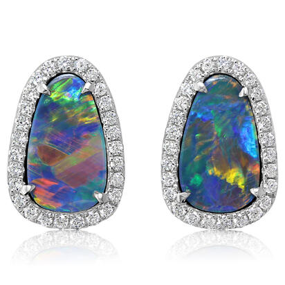 14K White Gold Australian Opal Doublet/Diamond Earrings 14K White Gold Australian Opal Doublet/Diamond Earrings