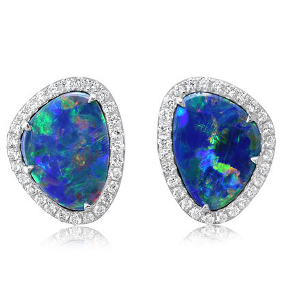 14K White Gold Australian Opal Doublet/Diamond Earrings 14K White Gold Australian Opal Doublet/Diamond Earrings