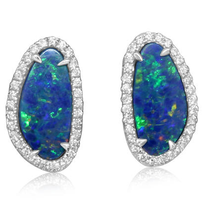 14K White Gold Australian Opal Doublet/Diamond Earrings 14K White Gold Australian Opal Doublet/Diamond Earrings