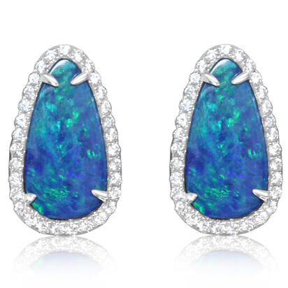 14K White Gold Australian Opal Doublet/Diamond Earrings 14K White Gold Australian Opal Doublet/Diamond Earrings