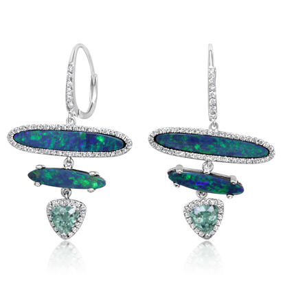 14K White Gold Australian Opal Doublet/Mint Garnet/Diamond Earrings 14K White Gold Australian Opal Doublet/Mint Garnet/Diamond Earrings