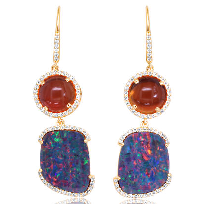 14K Yellow Gold Australian Opal Doublet/Fire Opal/Diamond Earrings 14K Yellow Gold Australian Opal Doublet/Fire Opal/Diamond Earrings